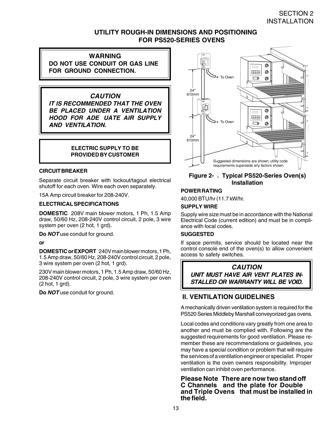 Middleby Marshall PS520G II. Ventilation Guidelines, Electric Supply to be Provided by Customer Circuit Breaker 