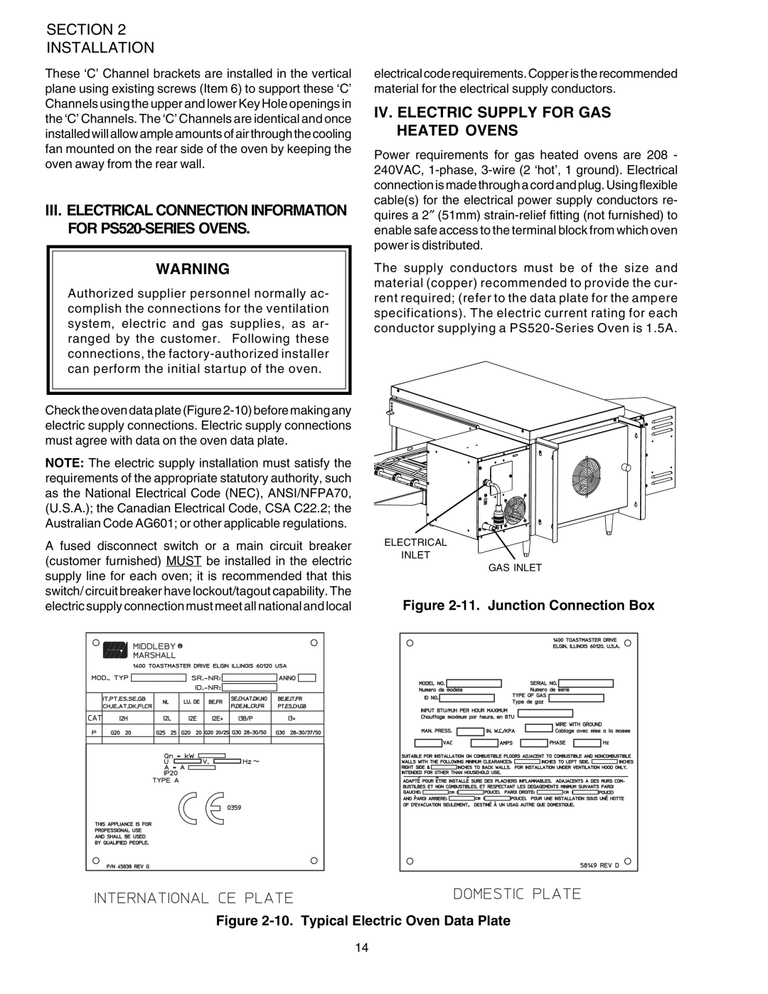 Middleby Marshall PS520G installation manual IV. Electric Supply for GAS Heated Ovens, Junction Connection Box 