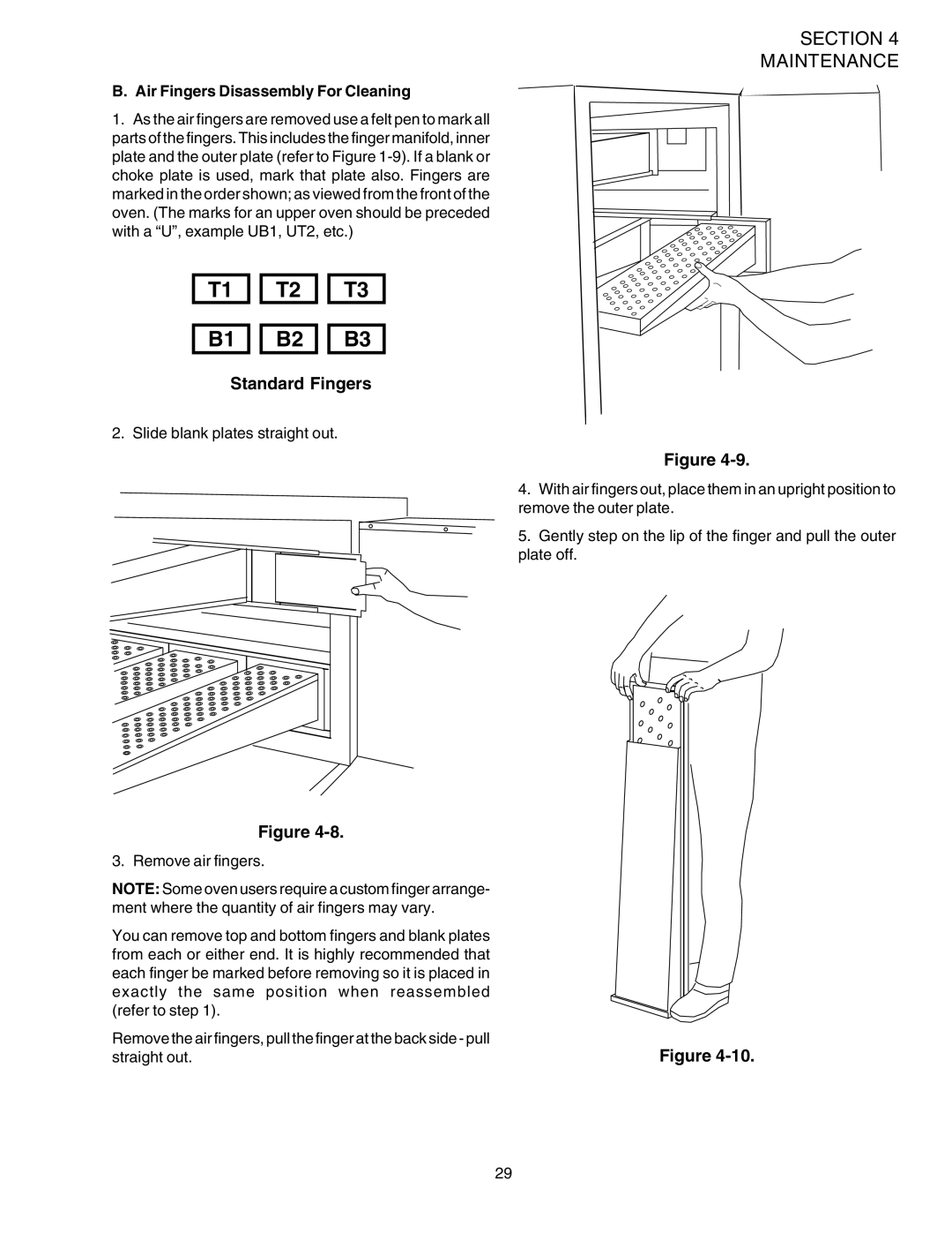 Middleby Marshall PS520G installation manual T1 T2 T3 B1 B2 B3, Air Fingers Disassembly For Cleaning 