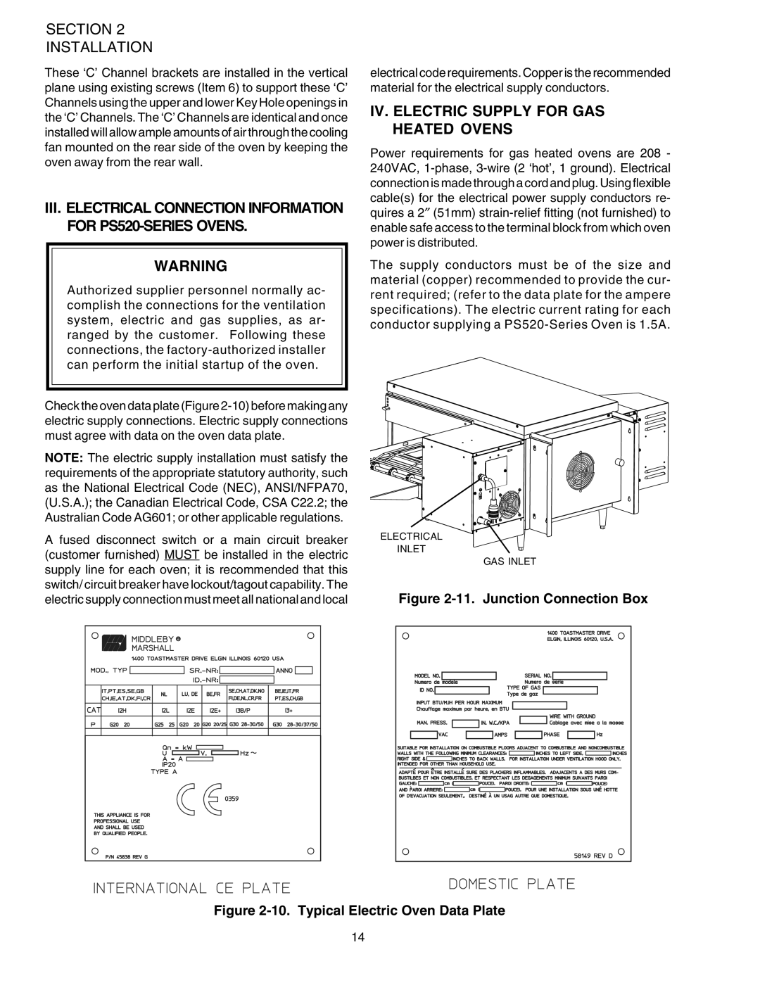 Middleby Marshall PS520G installation manual Iv. Electric Supply For Gas Heated Ovens, 11.Junction Connection Box 