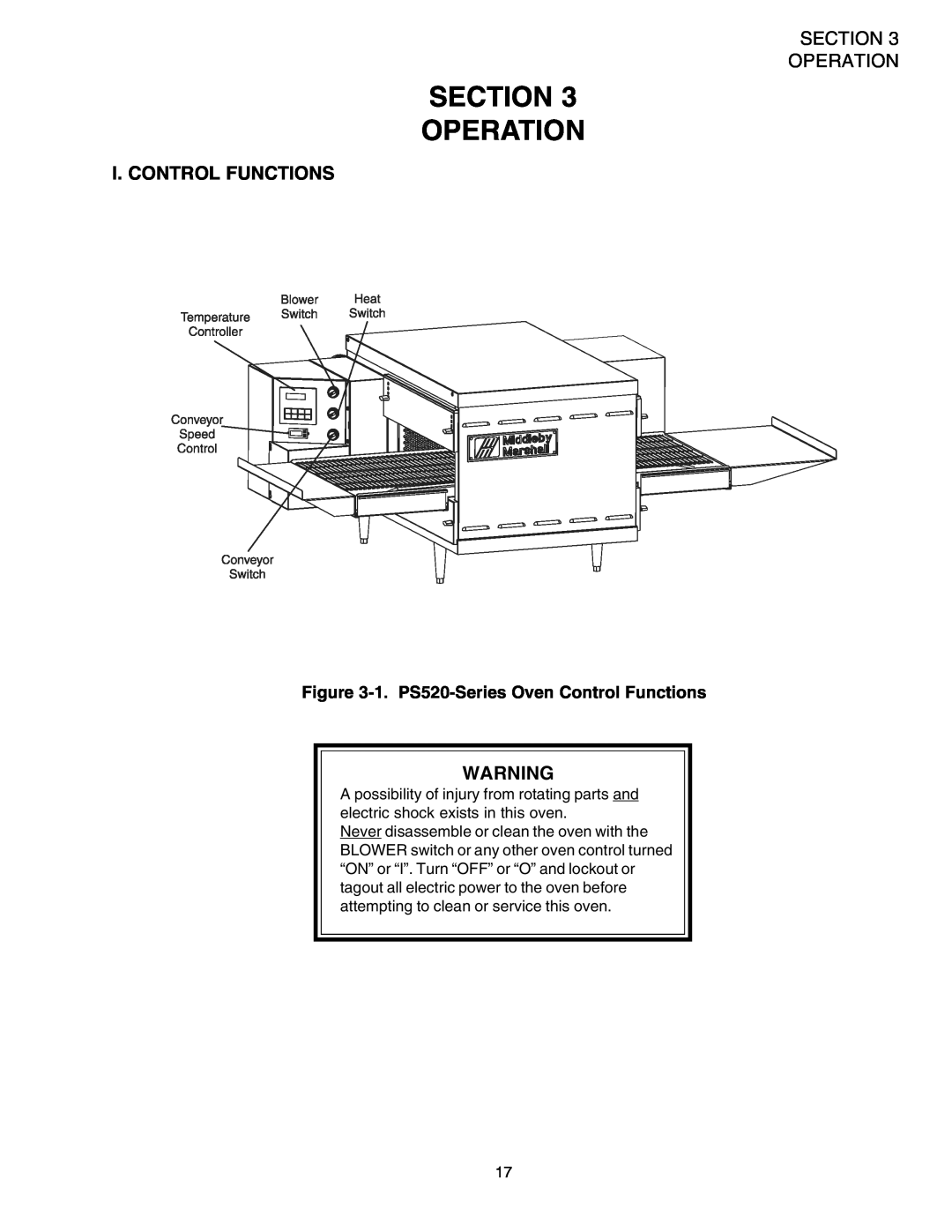 Middleby Marshall PS520G installation manual Section Operation, I. Control Functions, 1. PS520-SeriesOven Control Functions 