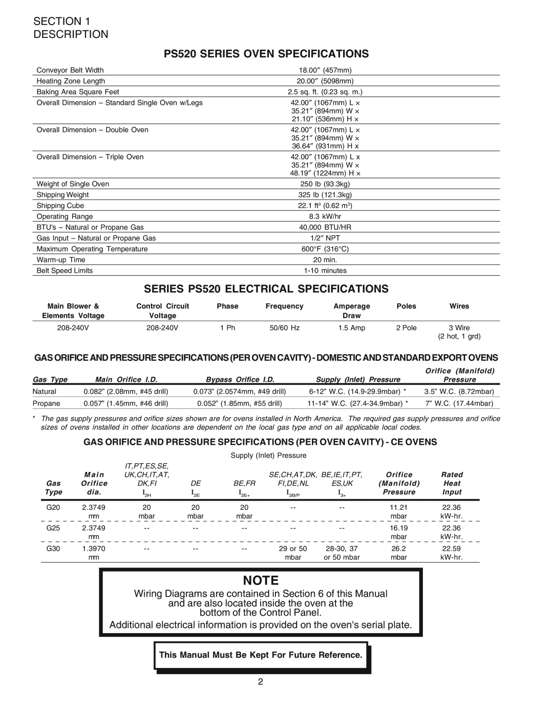 Middleby Marshall PS520G installation manual PS520 SERIES OVEN SPECIFICATIONS, SERIES PS520 ELECTRICAL SPECIFICATIONS 