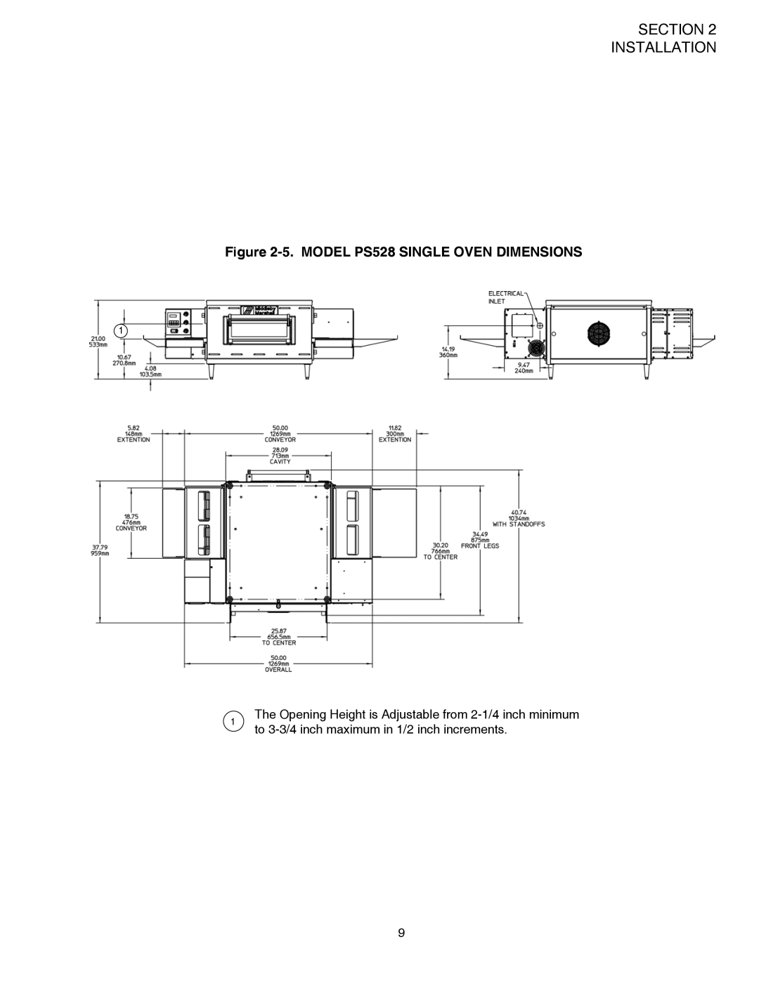 Middleby Marshall PS528 (Double), PS528E, PS528 (Triple) installation manual Model PS528 Single Oven Dimensions 