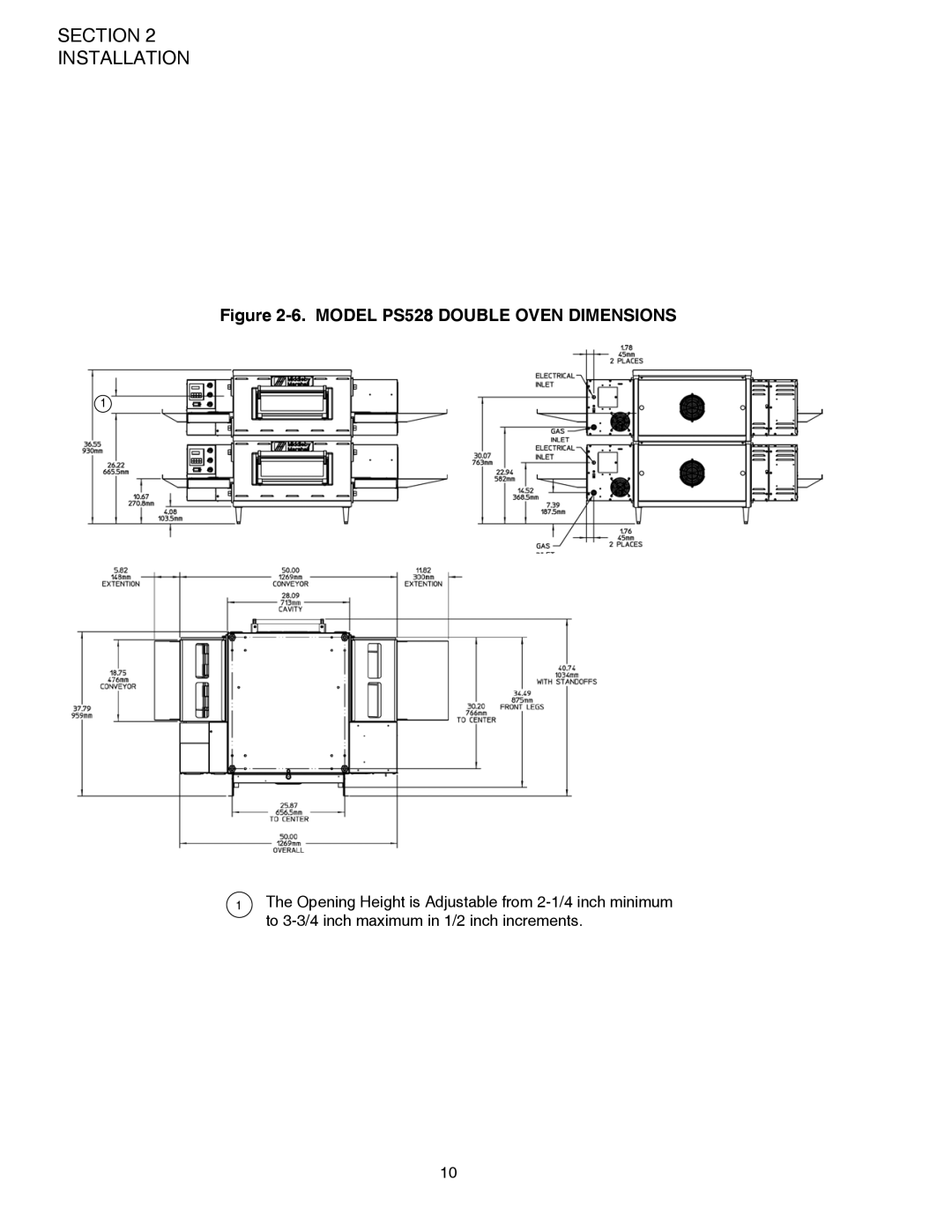 Middleby Marshall PS528 (Triple), PS528E, PS528 (Double) installation manual Model PS528 Double Oven Dimensions 