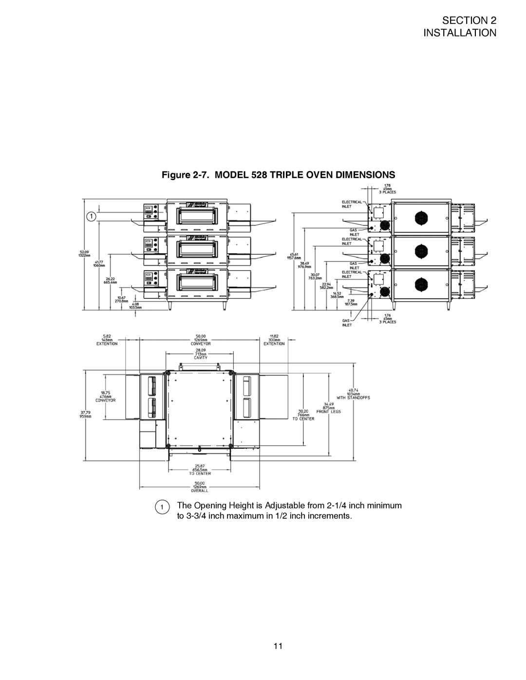 Middleby Marshall PS528E, PS528 (Double), PS528 (Triple) installation manual Model 528 Triple Oven Dimensions 