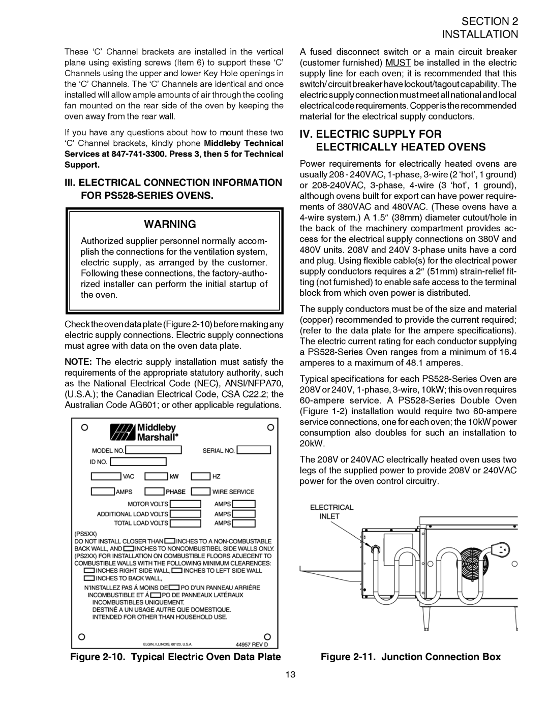 Middleby Marshall PS528 (Triple) IV. Electric Supply for Electrically Heated Ovens, Typical Electric Oven Data Plate 