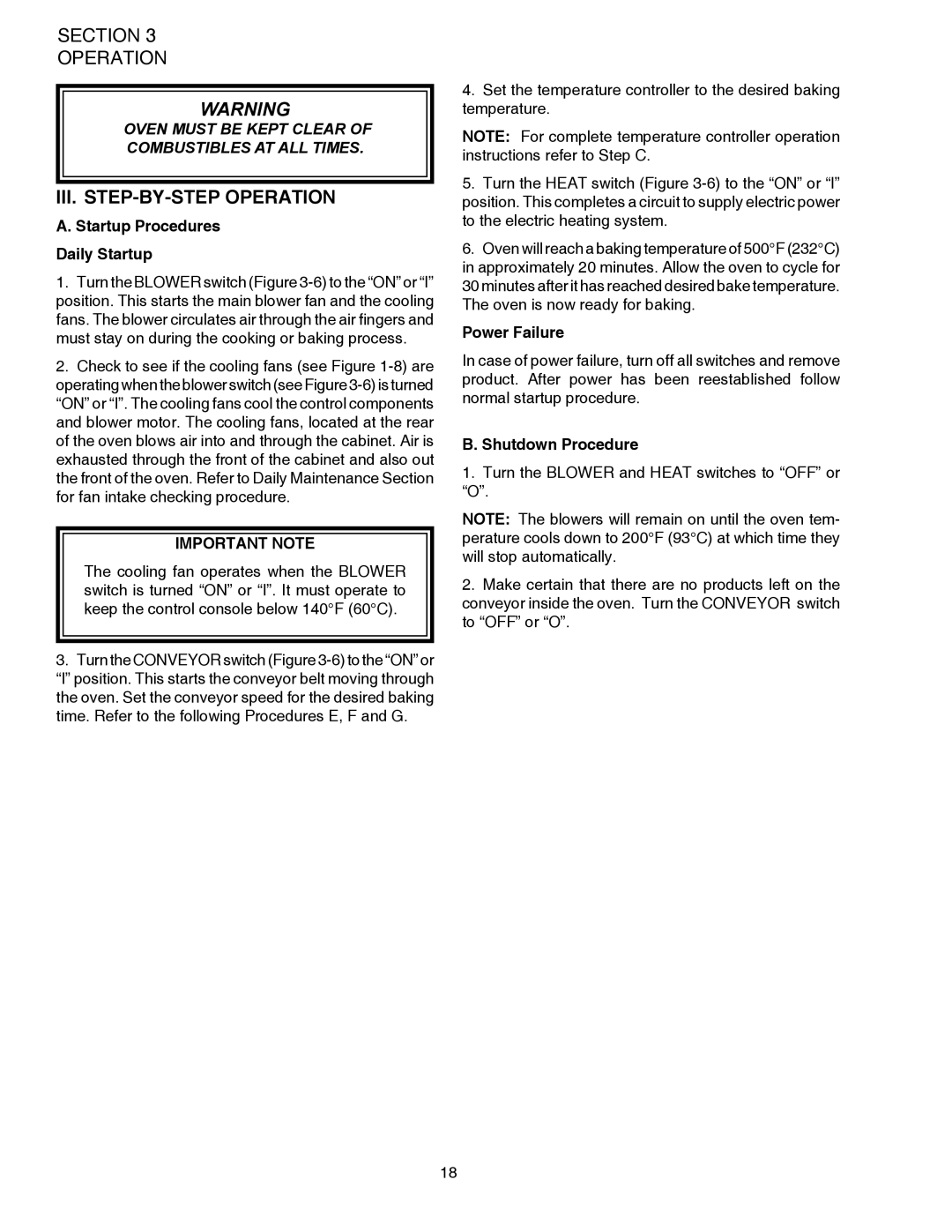 Middleby Marshall PS528 (Double), PS528E III. STEP-BY-STEP Operation, Startup Procedures Daily Startup, Power Failure 