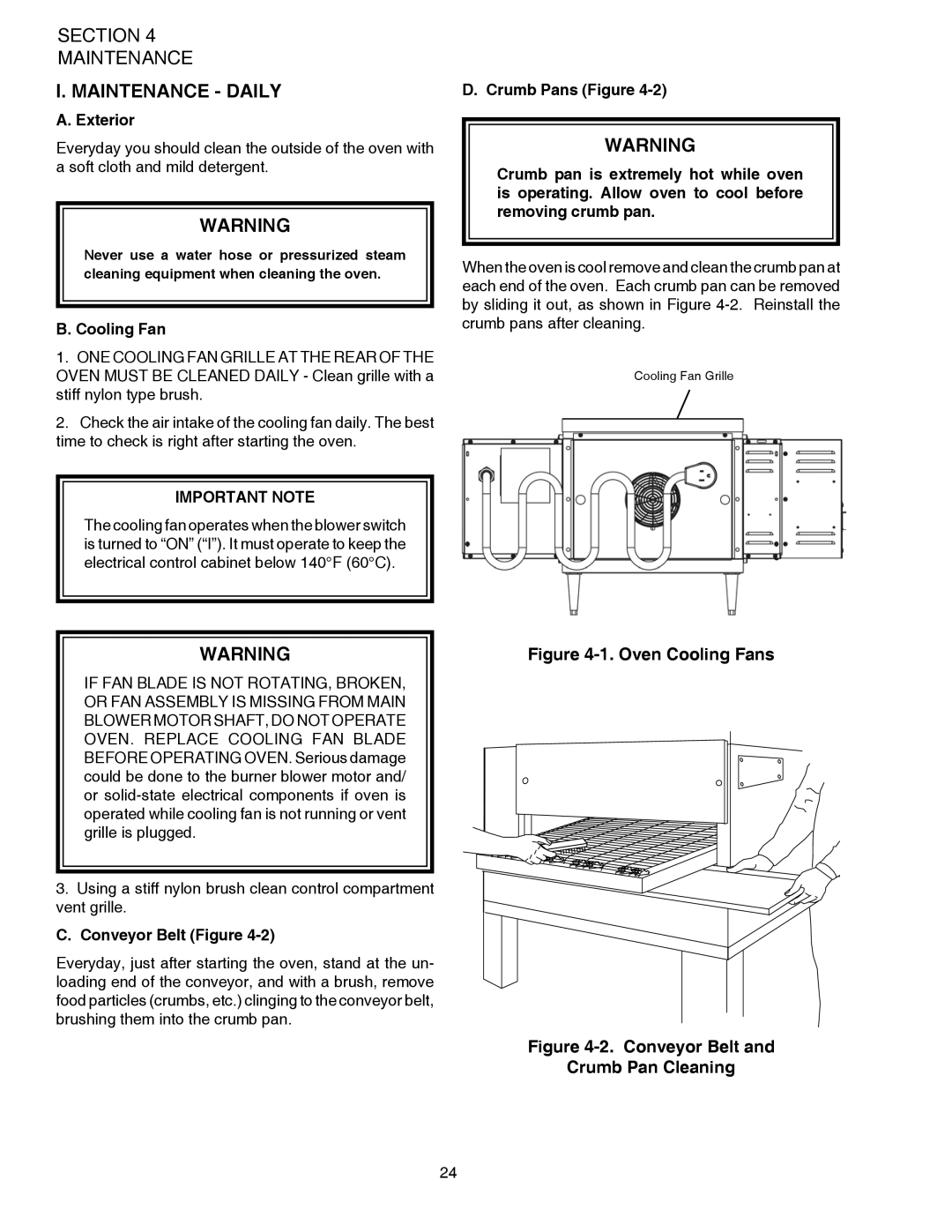 Middleby Marshall PS528 (Double), PS528E, PS528 (Triple) Maintenance Daily, Exterior, Cooling Fan, Conveyor Belt Figure 