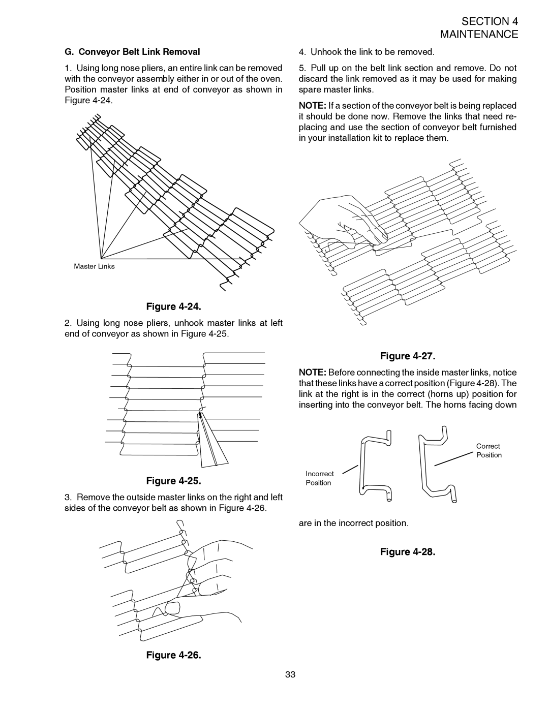 Middleby Marshall PS528 (Double), PS528E, PS528 (Triple) installation manual Conveyor Belt Link Removal 