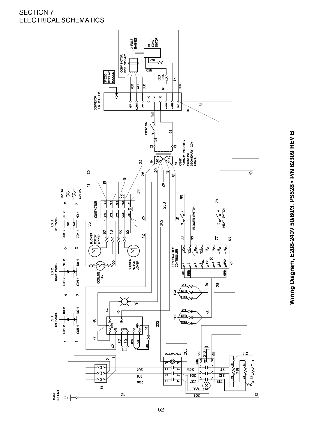 Middleby Marshall PS528 (Triple), PS528E, PS528 (Double) Wiring Diagram, E208-240V 50/60/3, PS528 P/N 62309 REV B 