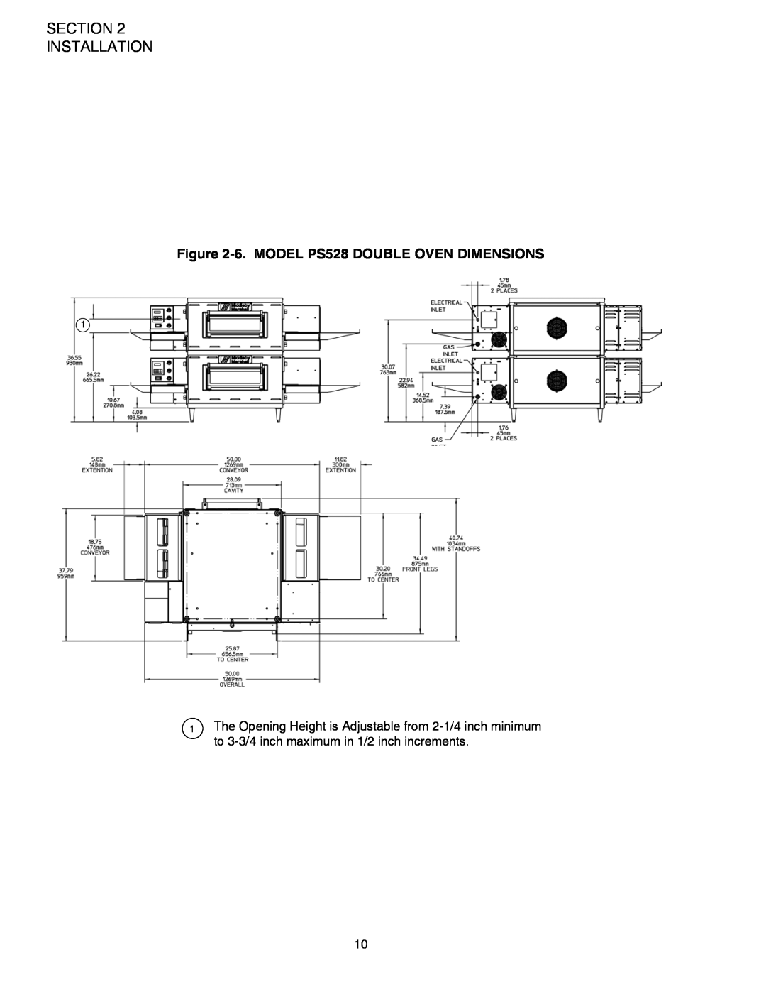 Middleby Marshall PS528 (Triple), PS528E, PS528 (Double) Section Installation, 6. MODEL PS528 DOUBLE OVEN DIMENSIONS 