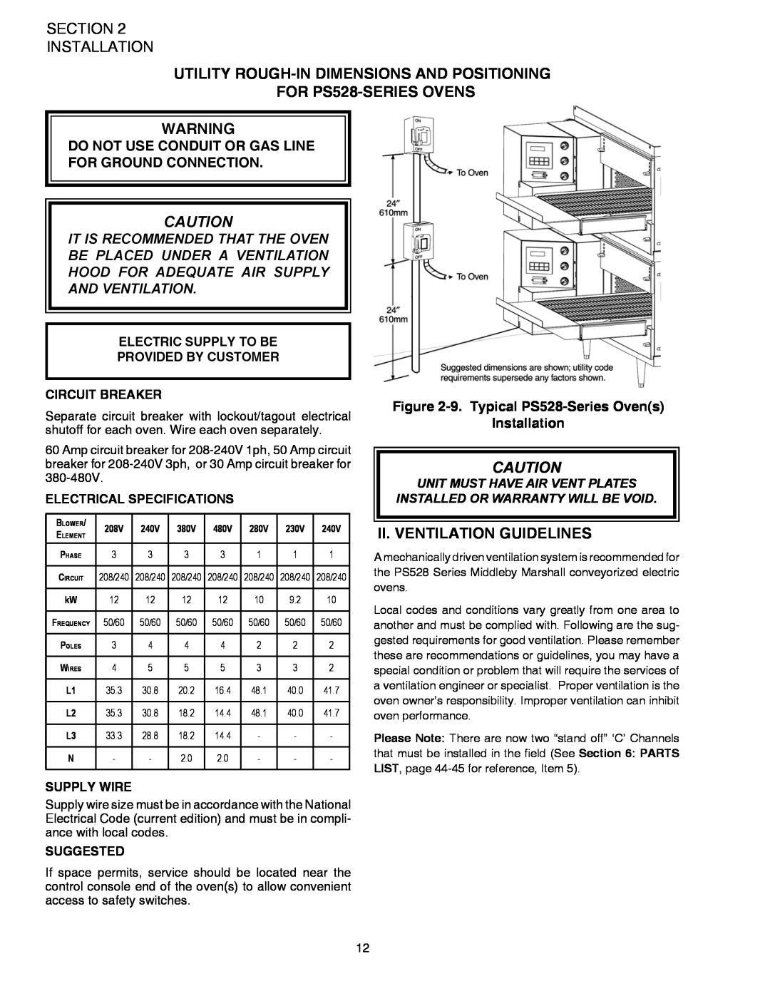 Middleby Marshall PS528 (Double), PS528E UTILITY ROUGH-IN DIMENSIONS AND POSITIONING FOR PS528-SERIES OVENS, Supply Wire 