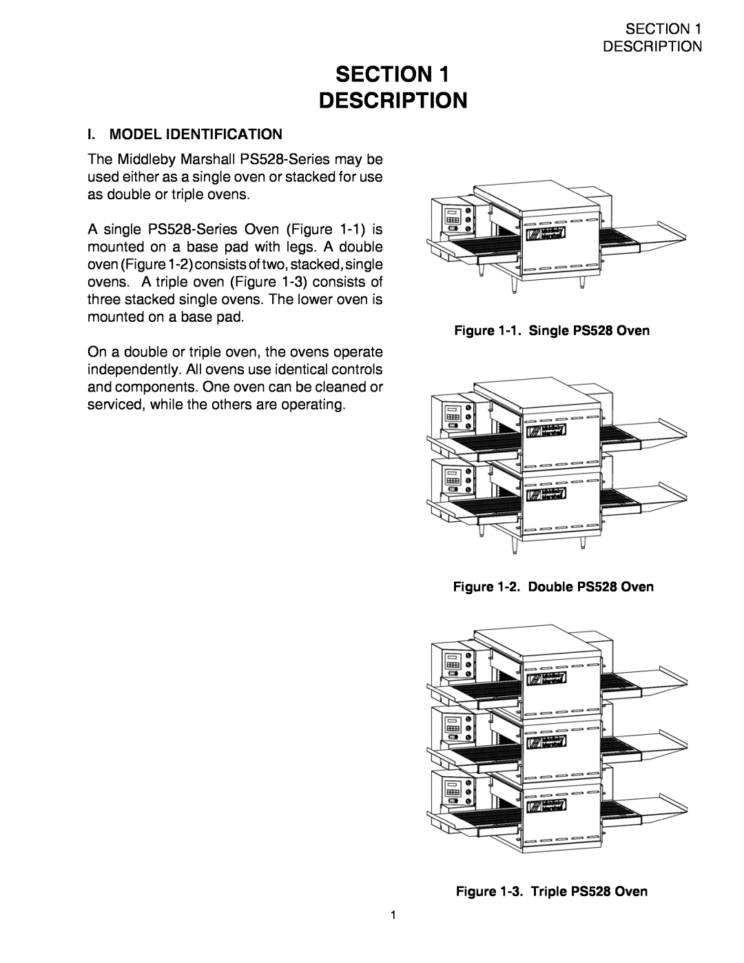 Middleby Marshall PS528 (Triple), PS528E, PS528 (Double) installation manual Section Description, I. Model Identification 