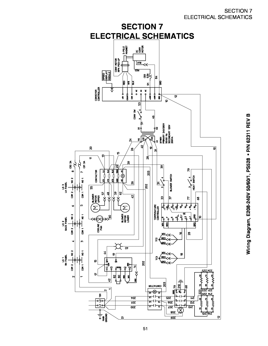 Middleby Marshall PS528 (Double) Section Electrical Schematics, Wiring Diagram, E208-240V 50/60/1, PS528 P/N 62311 REV B 