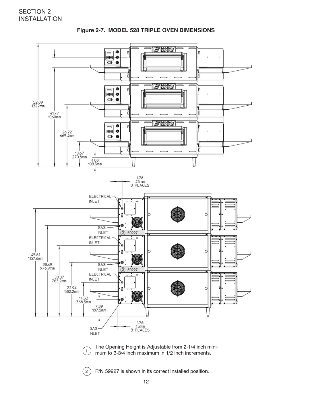 Middleby Marshall PS528G installation manual Model 528 Triple Oven Dimensions 