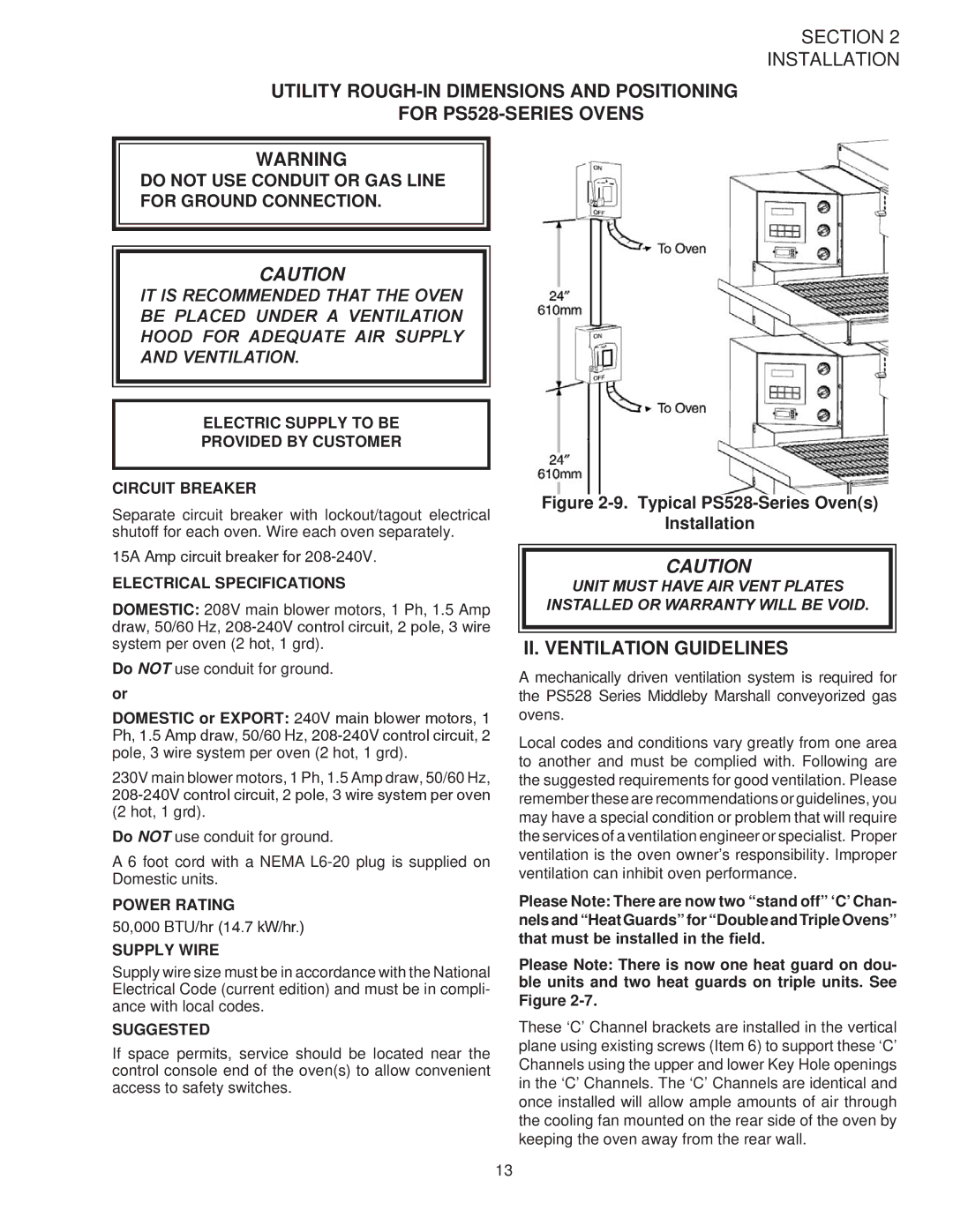 Middleby Marshall PS528G II. Ventilation Guidelines, Electric Supply to be Provided by Customer Circuit Breaker 