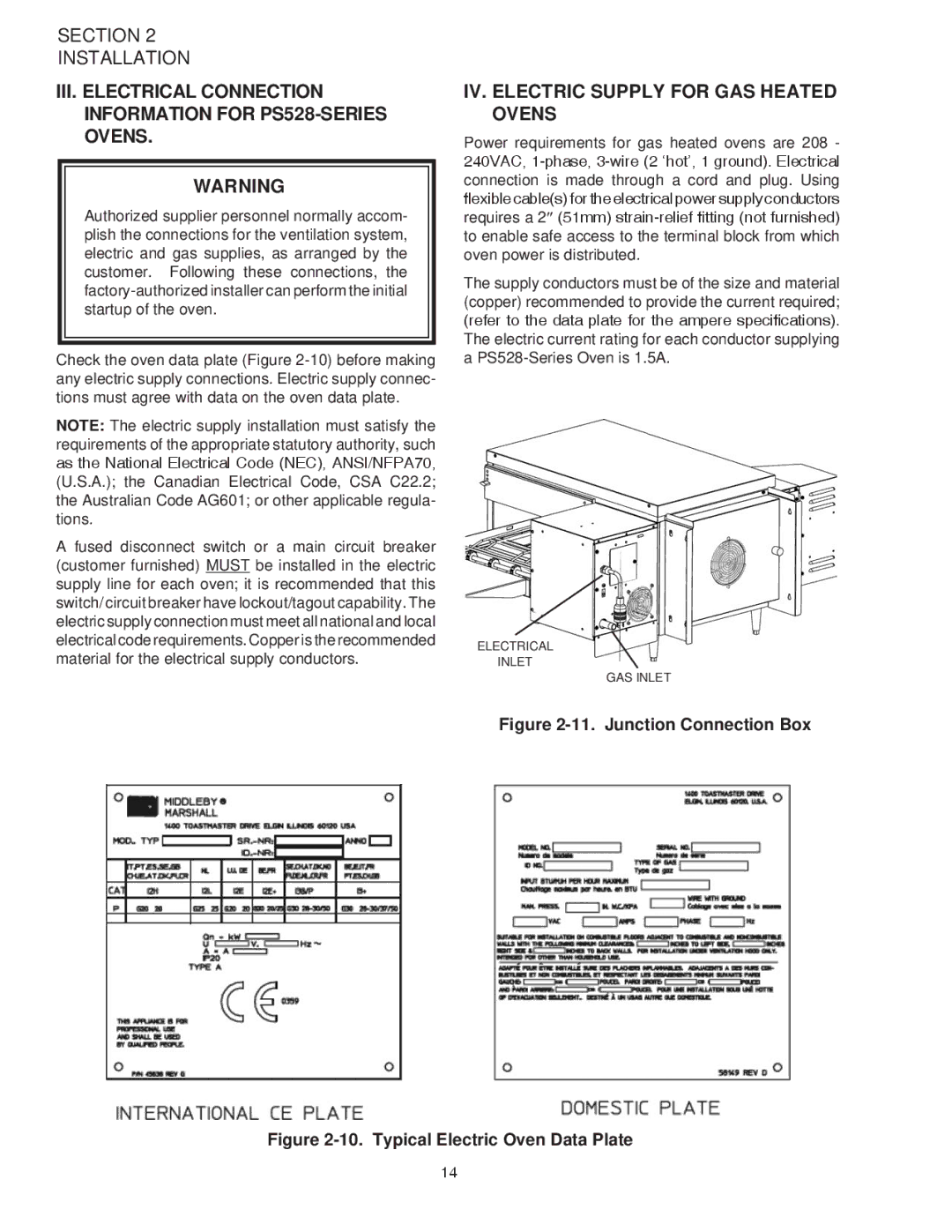 Middleby Marshall PS528G installation manual IV. Electric Supply for GAS Heated Ovens, Junction Connection Box 