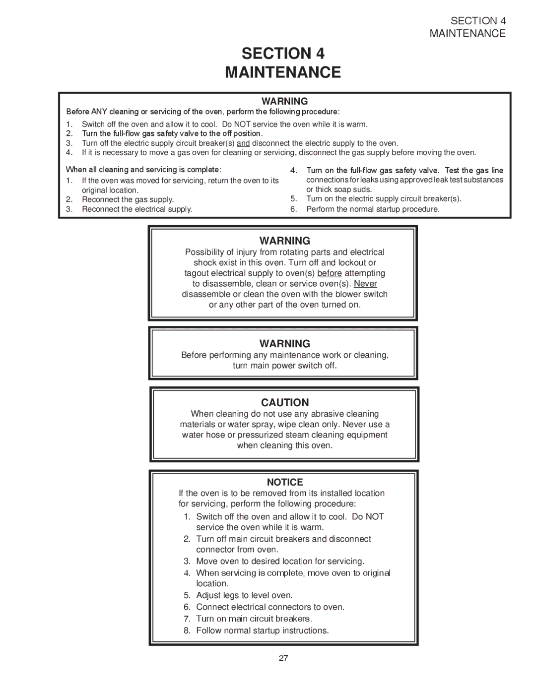 Middleby Marshall PS528G installation manual Section Maintenance 