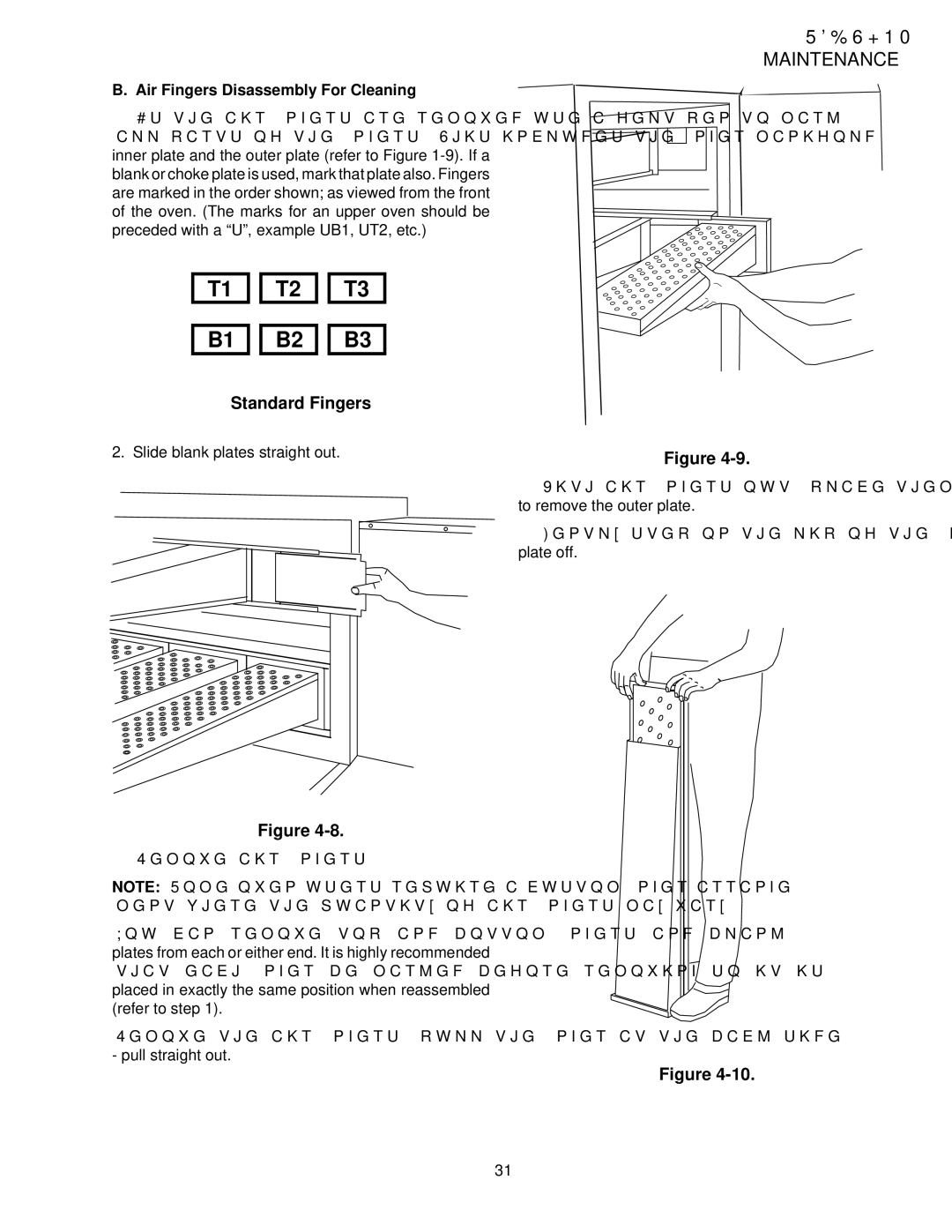 Middleby Marshall PS528G installation manual T1 T2 T3 B1 B2 B3, Air Fingers Disassembly For Cleaning 