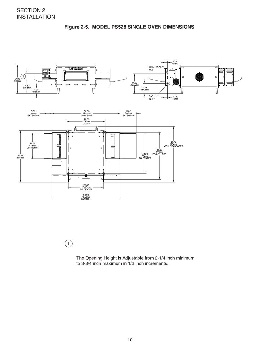 Middleby Marshall PS528G installation manual Model PS528 Single Oven Dimensions 