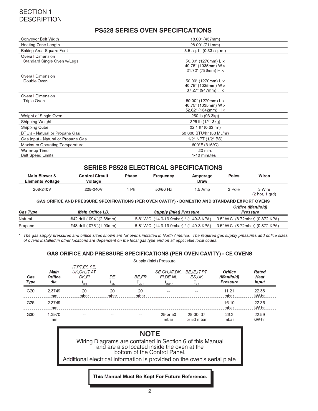 Middleby Marshall PS528G installation manual PS528 Series Oven Specifications, Series PS528 Electrical Specifications 