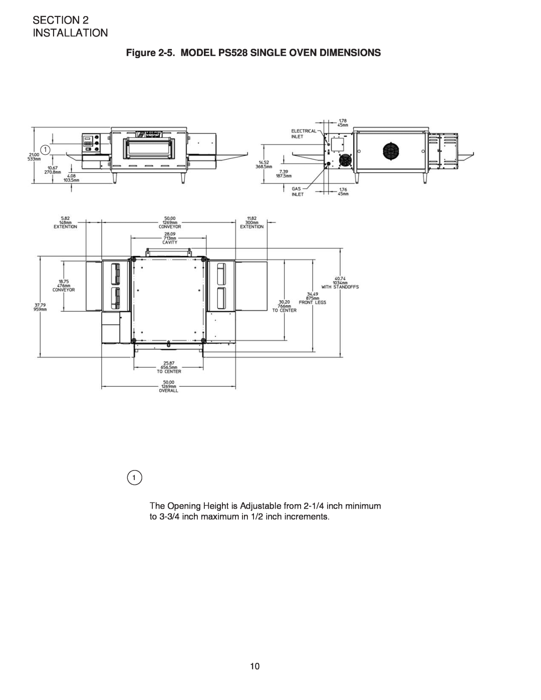 Middleby Marshall PS528G installation manual Section Installation, 5. MODEL PS528 SINGLE OVEN DIMENSIONS 