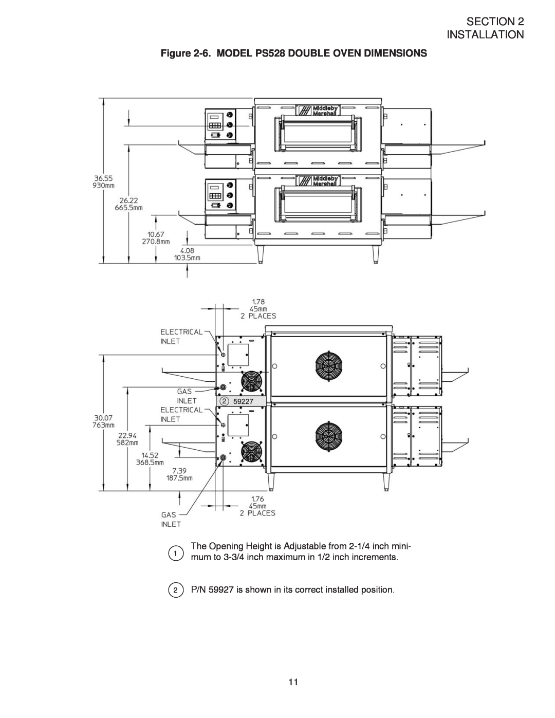Middleby Marshall PS528G installation manual Section Installation, 6. MODEL PS528 DOUBLE OVEN DIMENSIONS 
