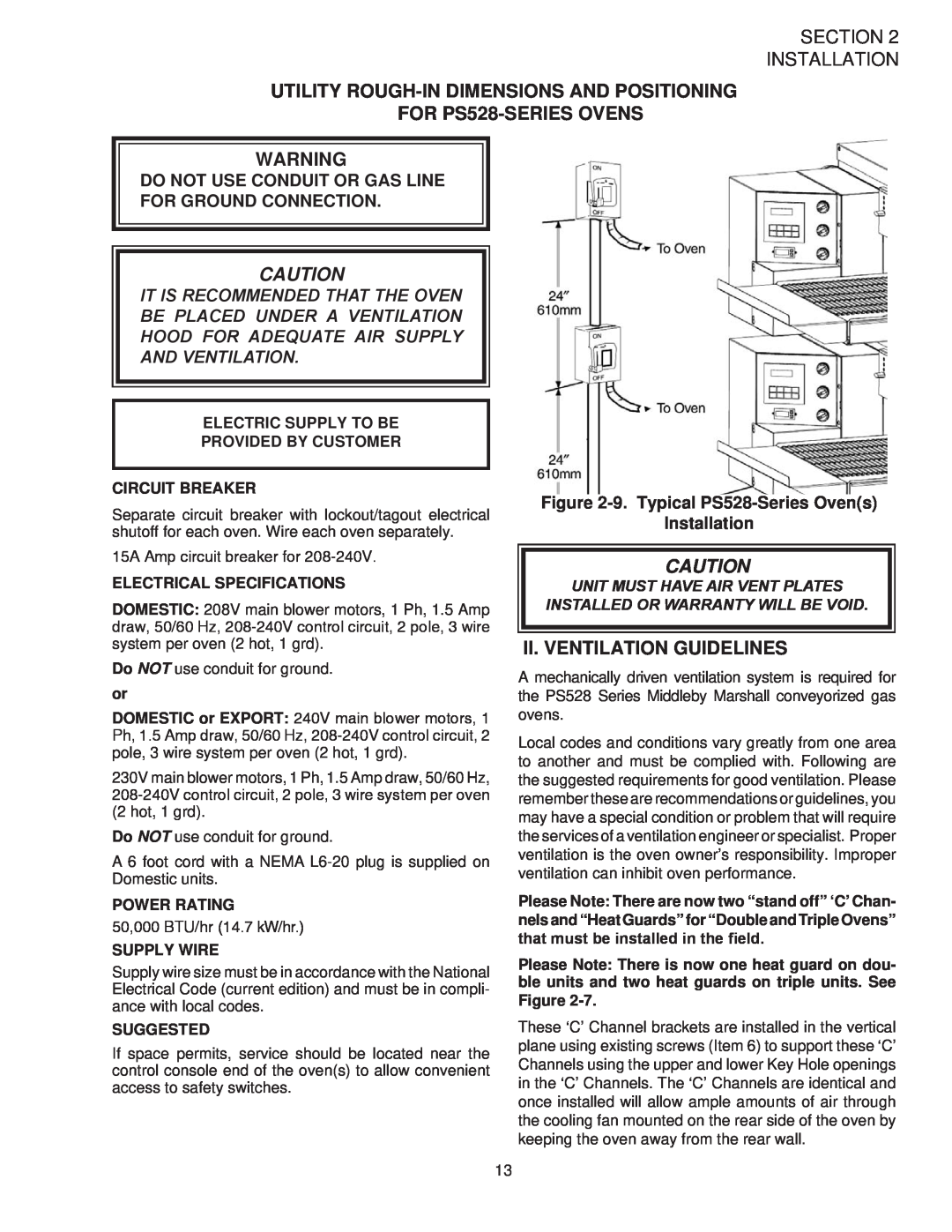 Middleby Marshall PS528G UTILITY ROUGH-IN DIMENSIONS AND POSITIONING FOR PS528-SERIES OVENS, Ii. Ventilation Guidelines 