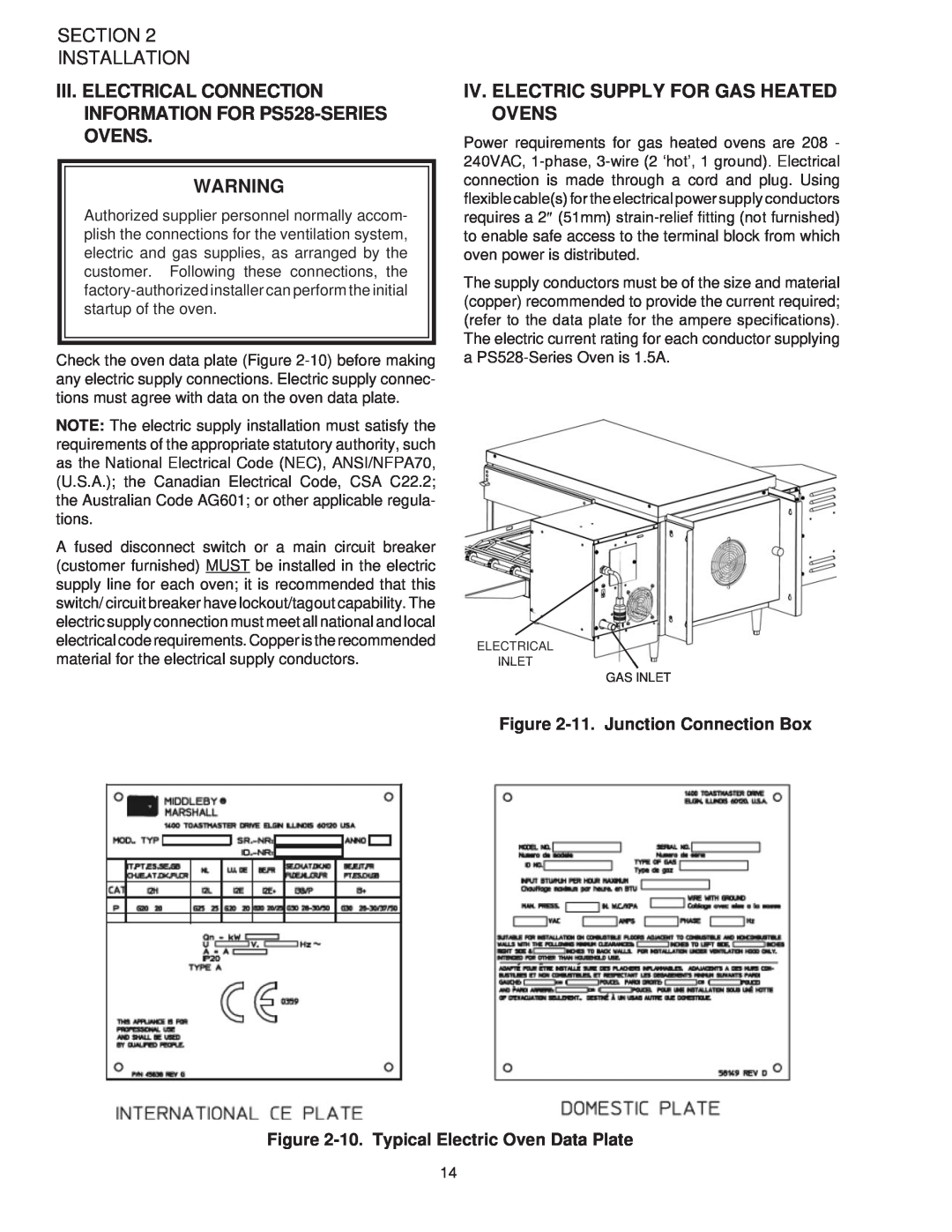 Middleby Marshall PS528G III. ELECTRICAL CONNECTION INFORMATION FOR PS528-SERIES OVENS, Section Installation 