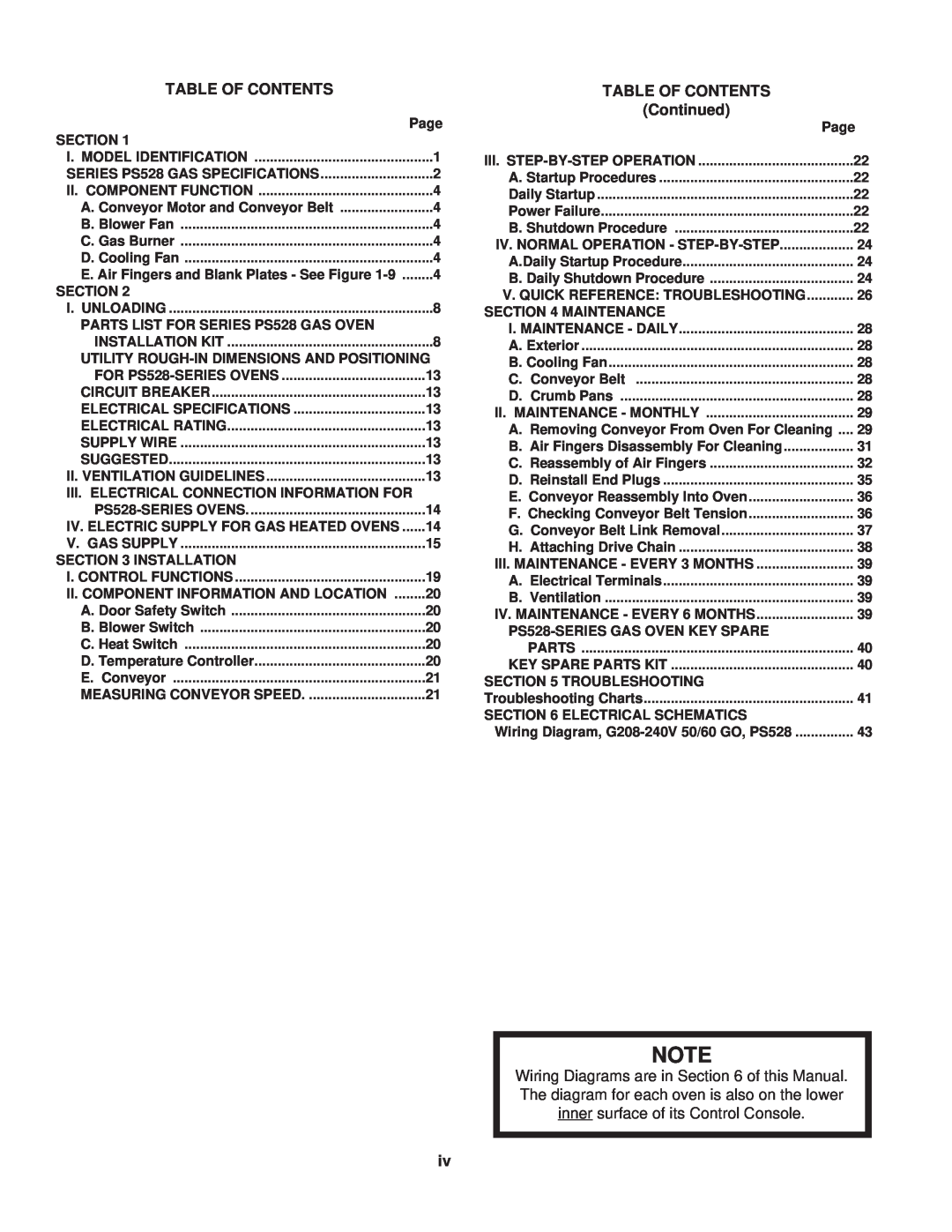 Middleby Marshall PS528G installation manual Table Of Contents, Continued, A. Conveyor Motor and Conveyor Belt 