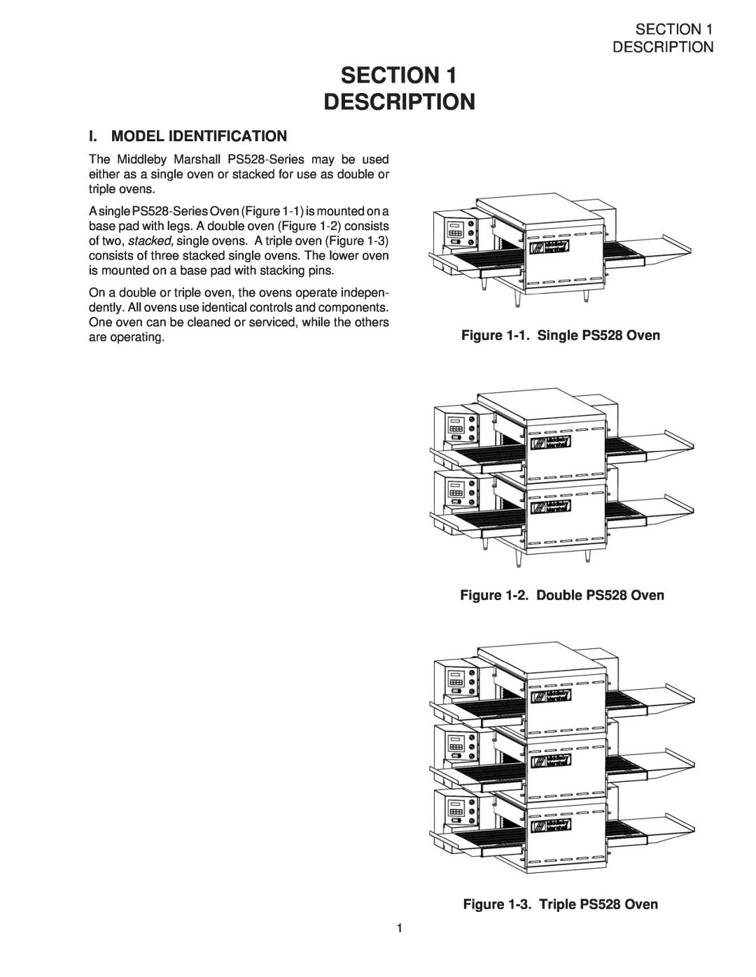 Middleby Marshall PS528G installation manual Section Description, I. Model Identification, 1. Single PS528 Oven 