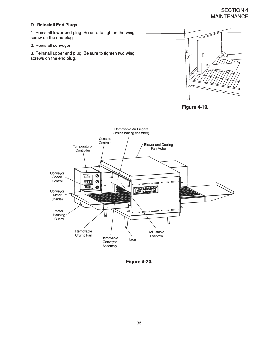 Middleby Marshall PS528G installation manual Section Maintenance, Figure Figure, D. Reinstall End Plugs, Reinstall conveyor 