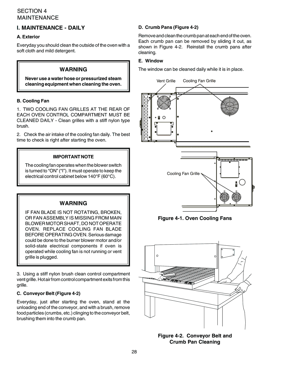 Middleby Marshall PS536-Series Maintenance Daily, Exterior, Cooling Fan, Crumb Pans Figure, Conveyor Belt Figure 