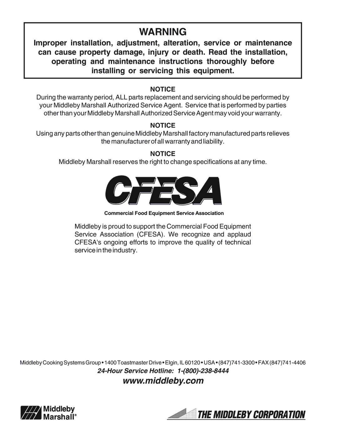 Middleby Marshall PS536-Series installation manual Hour Service Hotline 