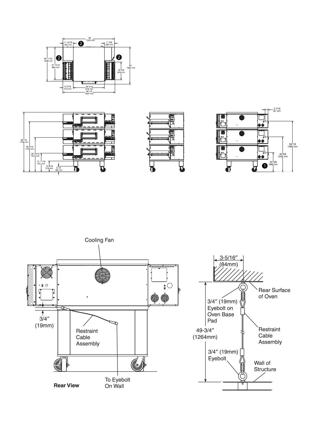 Middleby Marshall installation manual Restraint Cable Installation, Model PS536ES Triple Oven Dimensions 