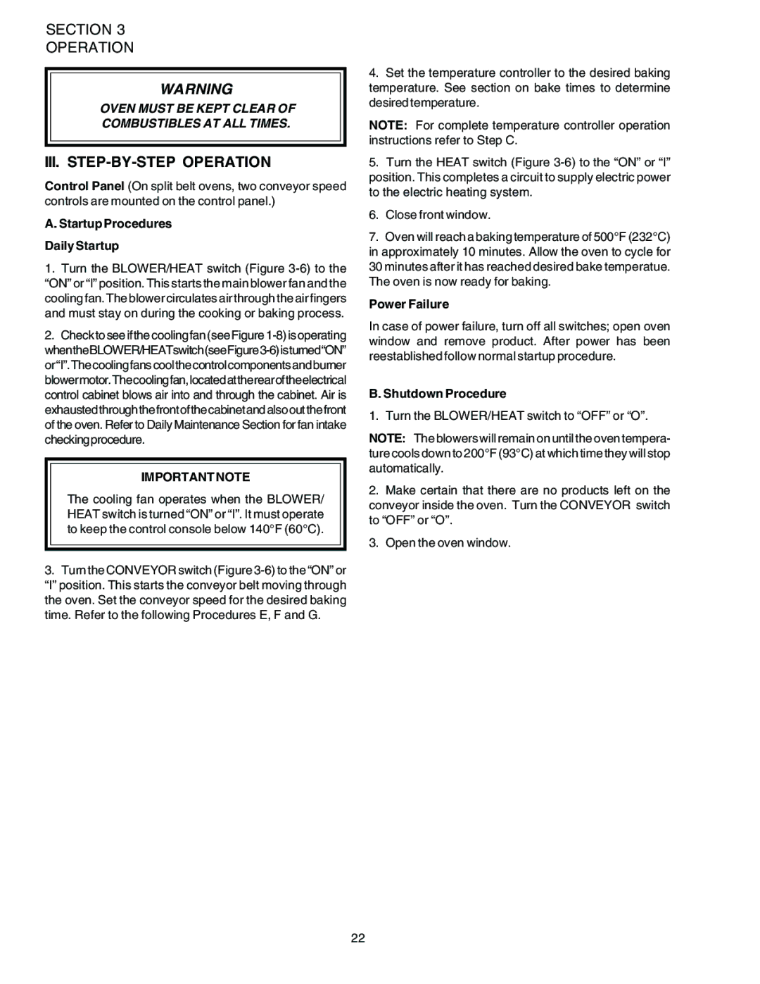 Middleby Marshall PS536ES III. STEP-BY-STEP Operation, Startup Procedures Daily Startup, Power Failure, Shutdown Procedure 