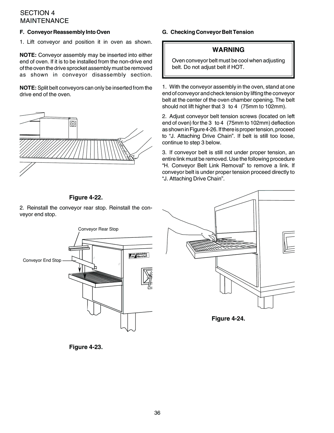 Middleby Marshall PS536ES installation manual Conveyor Reassembly Into Oven, Checking Conveyor Belt Tension 