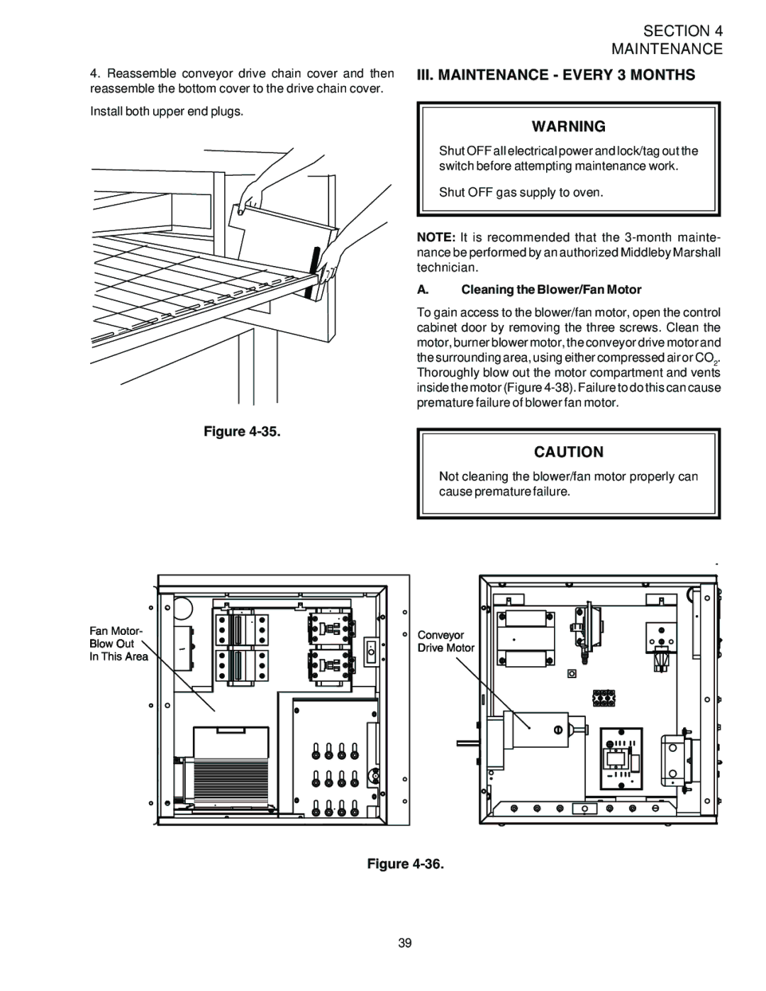 Middleby Marshall PS536ES installation manual III. Maintenance Every 3 Months, Cleaning the Blower/Fan Motor 