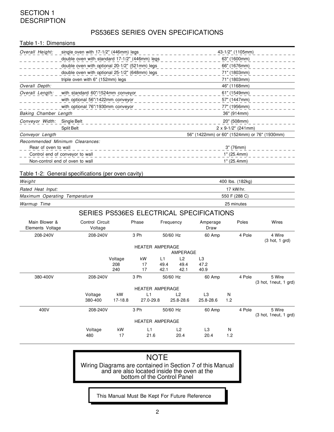 Middleby Marshall PS536ES Series Oven Specifications, Series PS536ES Electrical Specifications, Dimensions 