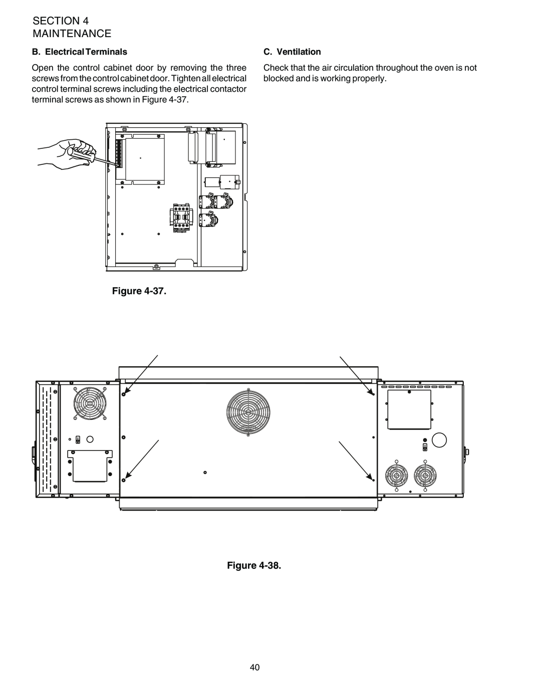 Middleby Marshall PS536ES installation manual B. Electrical Terminals, C. Ventilation 