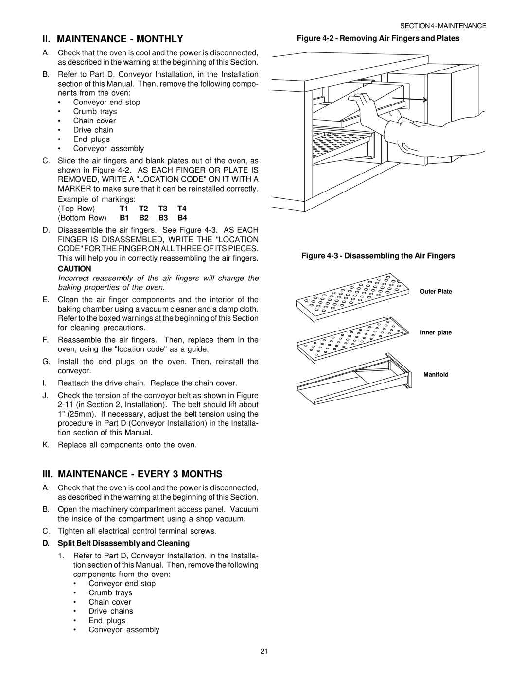 Middleby Marshall PS536GS II. Maintenance Monthly, III. Maintenance Every 3 Months, Split Belt Disassembly and Cleaning 