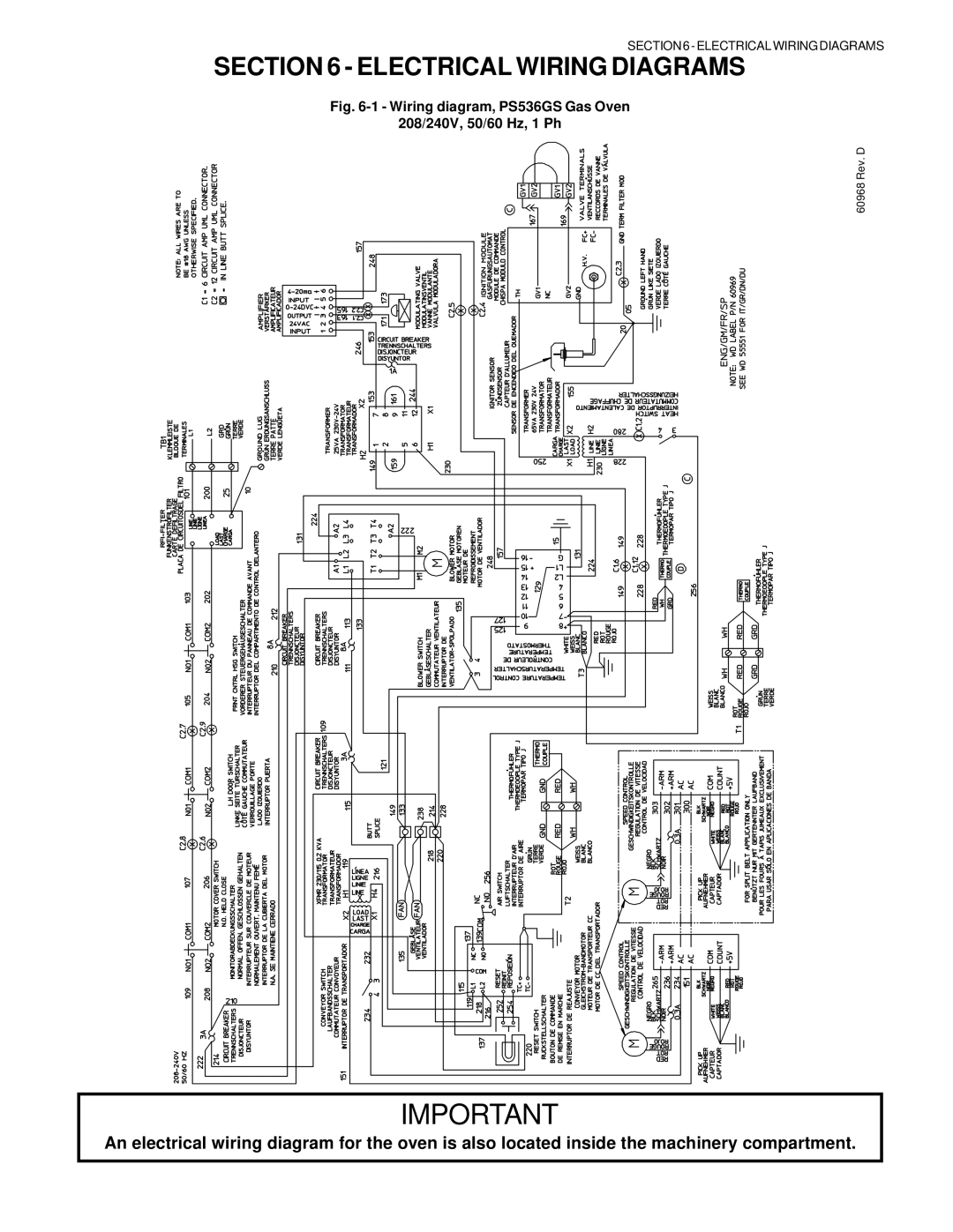 Middleby Marshall manual Electrical Wiring Diagrams, Wiring diagram, PS536GS Gas Oven 208/240V, 50/60 Hz, 1 Ph 