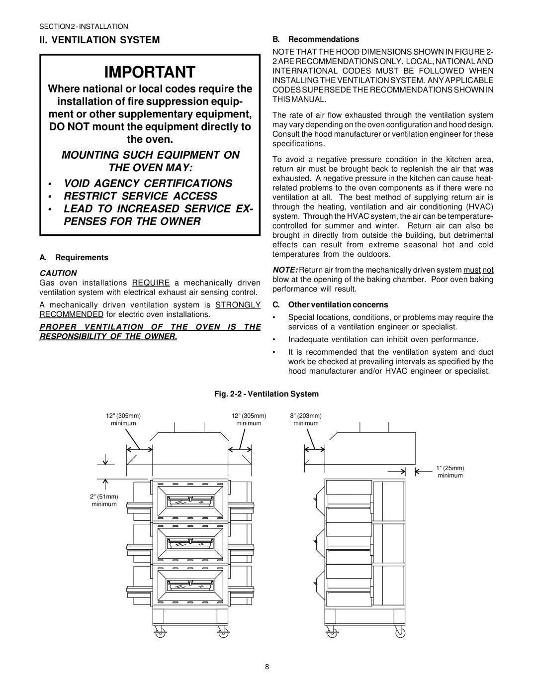 Middleby Marshall PS536GS manual II. Ventilation System, Requirements, Recommendations, Other ventilation concerns 