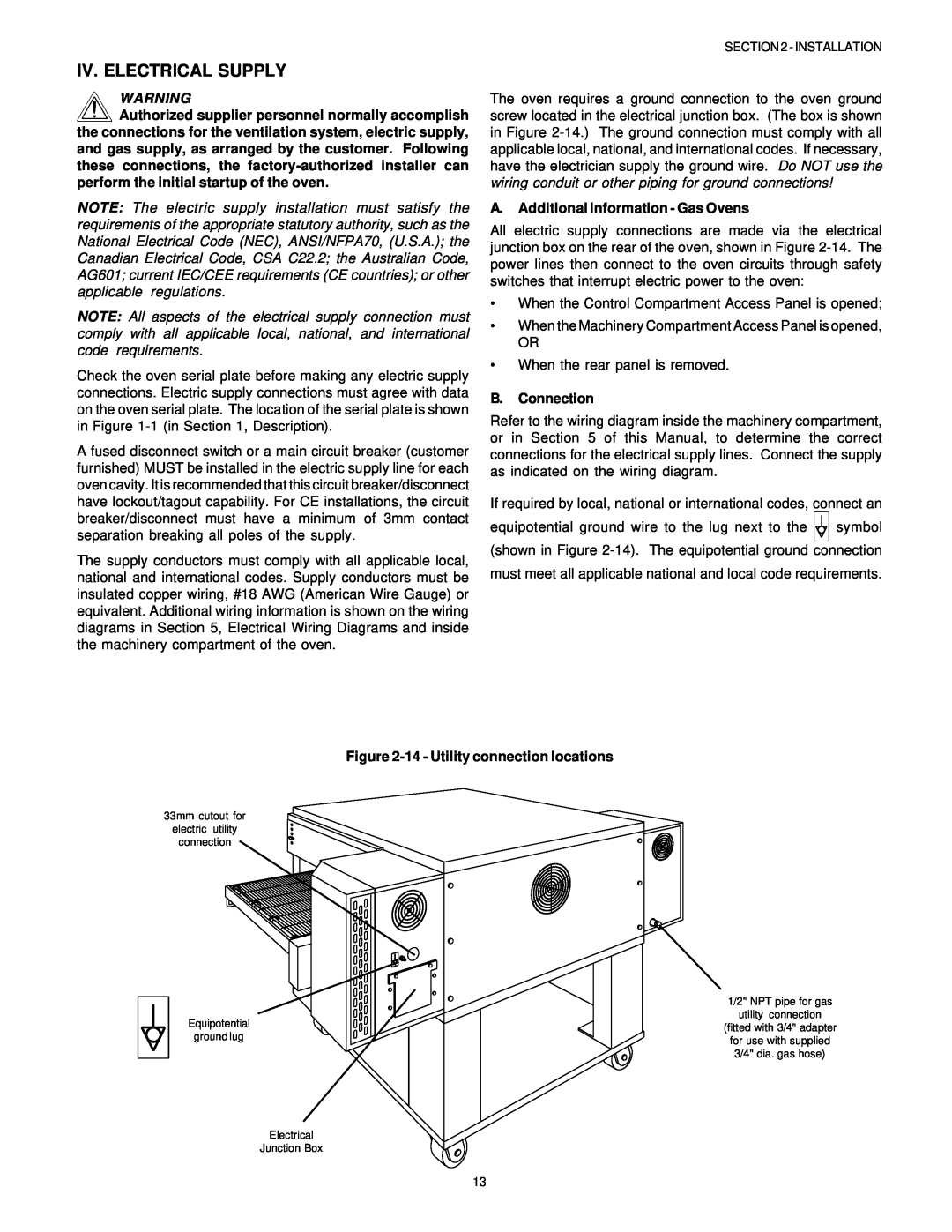 Middleby Marshall PS536GS manual English, Iv. Electrical Supply, A. Additional Information - Gas Ovens, B.Connection 