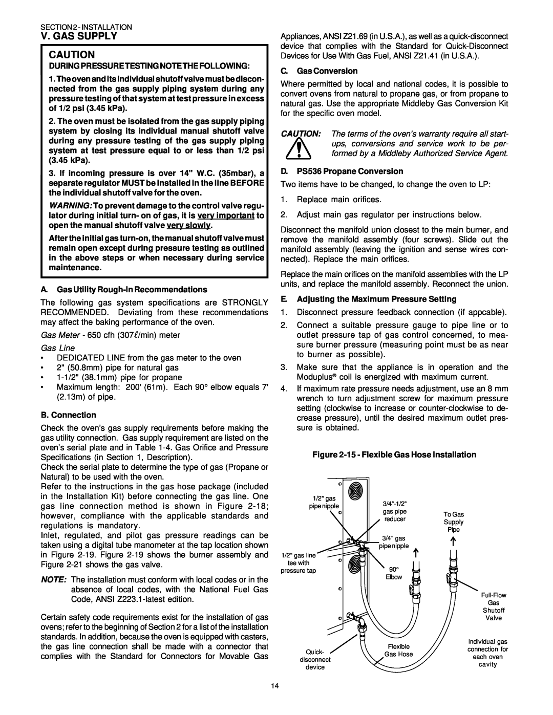 Middleby Marshall PS536GS English, Duringpressuretestingnotethefollowing, A.Gas Utility Rough-InRecommendations, Gas Line 