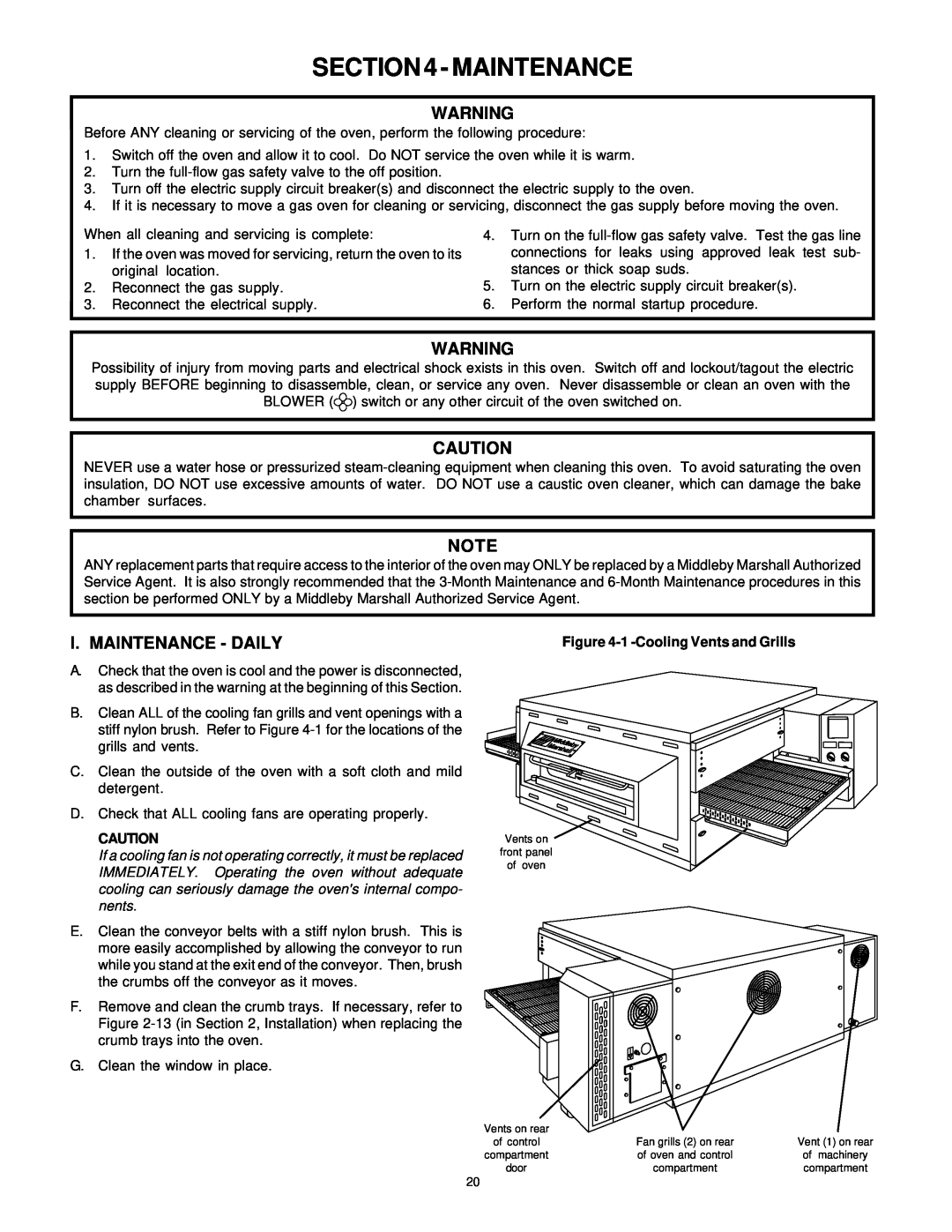 Middleby Marshall PS536GS manual English, I. Maintenance - Daily, 1 -CoolingVents and Grills 