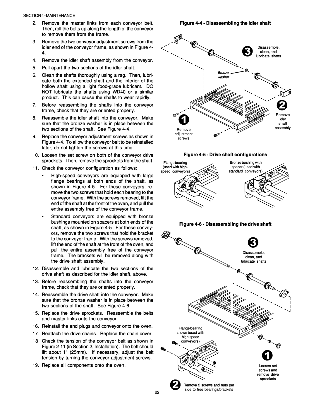 Middleby Marshall PS536GS manual English, 4- Disassembling the idler shaft, 5- Drive shaft configurations 