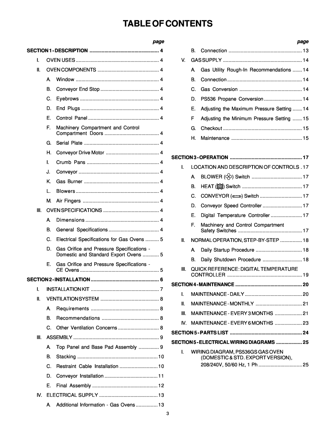 Middleby Marshall PS536GS manual Table Of Contents, English, Description, Installation, Operation, Maintenance, Parts List 