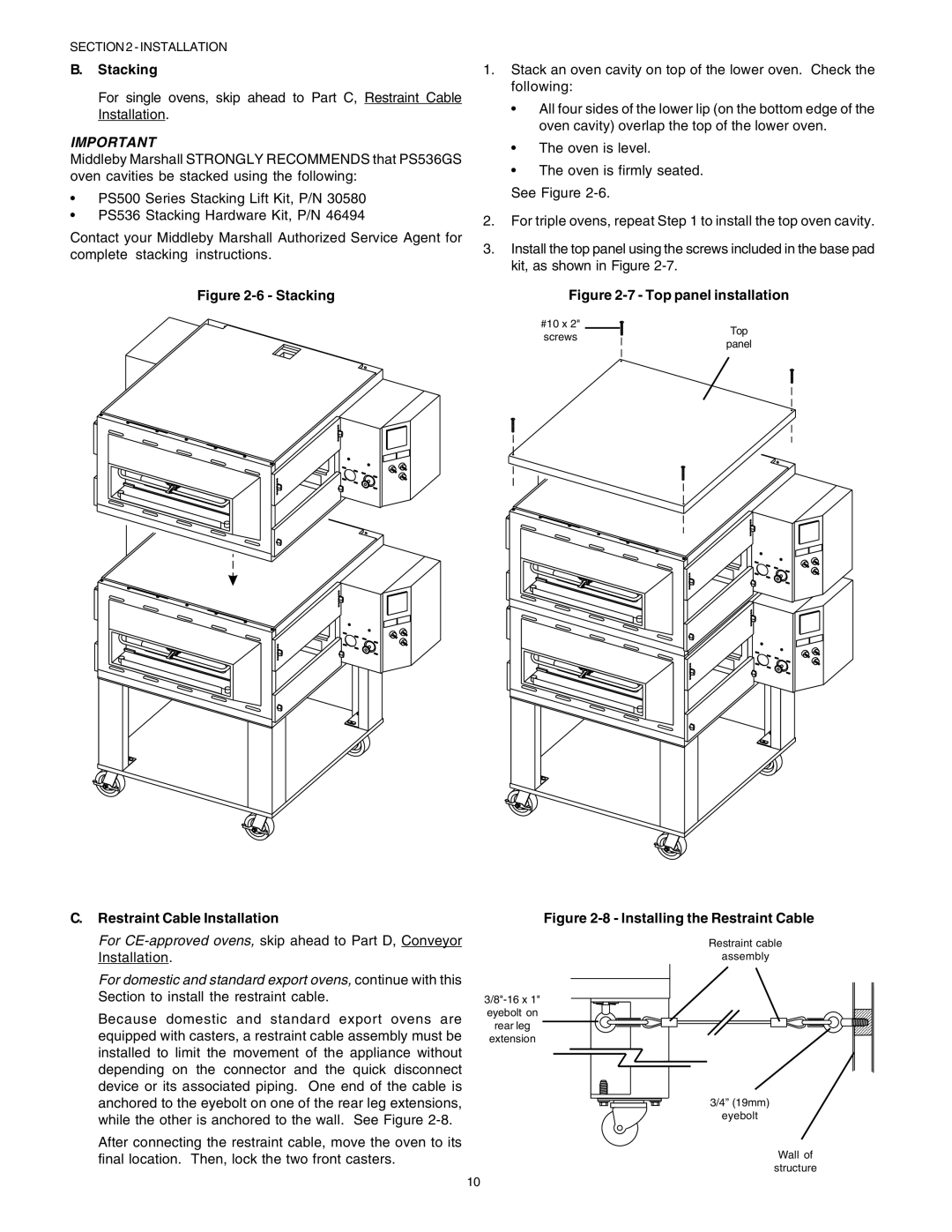 Middleby Marshall PS53GS Gas manual Stacking, Restraint Cable Installation 