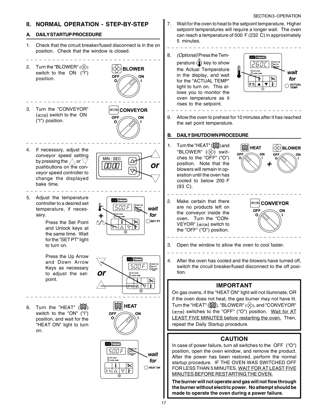 Middleby Marshall PS53GS Gas manual II. Normal Operation STEP-BY-STEP, Dailystartupprocedure, Dailyshutdownprocedure 